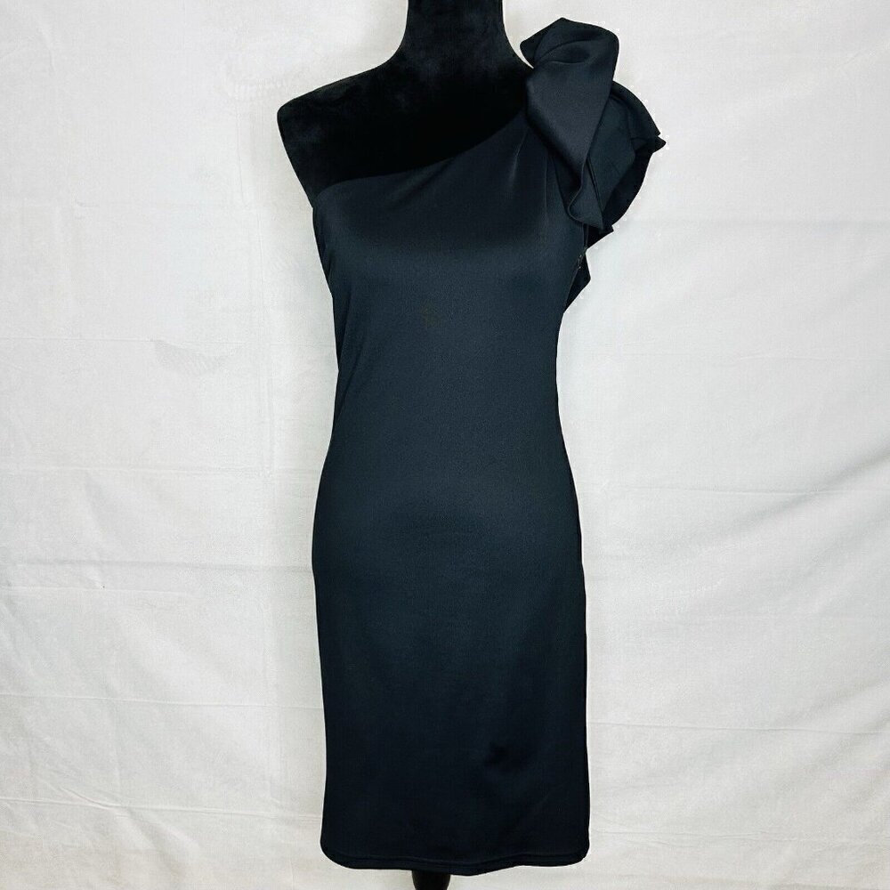 Anthropologie Minuet One Shoulder Black Bodycon Mini Dress Size S Lined Ruffled